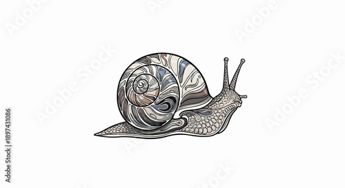 Ornate snail with a detailed, swirling shell in earthy tones and textured body
