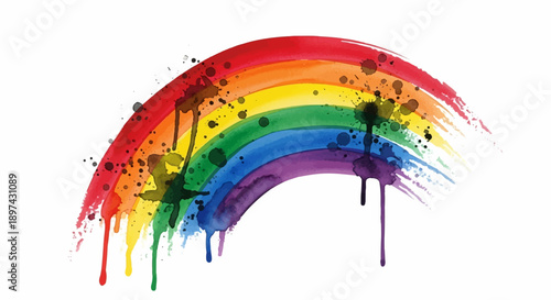 Vibrant watercolor rainbow with splattered ink effects on white