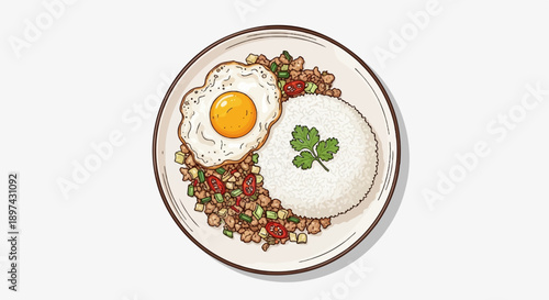 Delicious meal on a plate with rice and fried egg