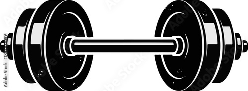 A black and white illustration of a barbell with weights