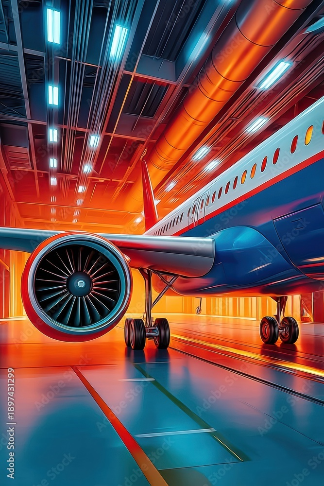 Fototapeta premium Sleek jet in a neon-lit hangar with blue and red lighting and shining landing gear
