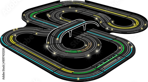 Intricate toy race track with elevated bridge and illuminated curves