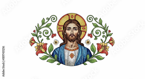 A mosaic portrait of Jesus Christ, framed by ornate floral scrollwork