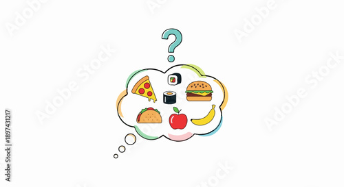A thought bubble filled with various food options, a question mark above