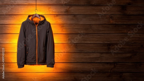 Reflective Winter Gear concept. Hooded jacket hanging against a wooden background with warm lighting.