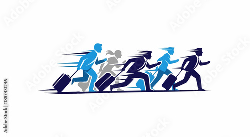 Silhouettes of people in business attire rushing forward with luggage