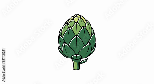 A stylized green artichoke with a thick black outline and a light green tip sits on a white background