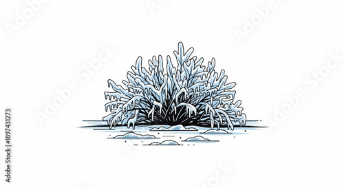 A stylized illustration of a frosted bush covered in icicles, with snow drifts on the ground
