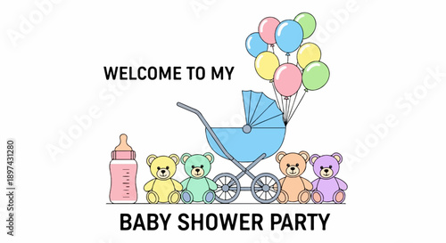 A baby shower invitation features a blue stroller, colorful teddy bears, balloons, and a baby bottle