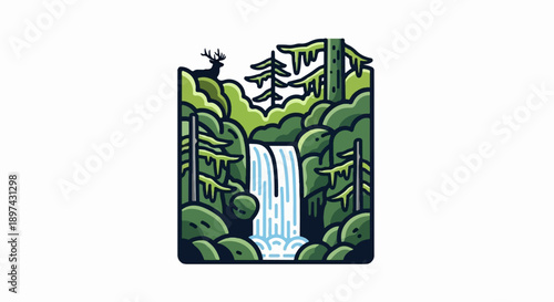 Stylized forest scene with a cascading waterfall and a silhouetted deer on a hilltop