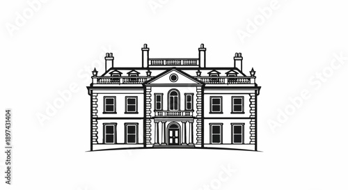 Classic symmetrical manor house with ornate architectural details and a central portico