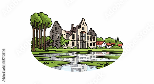 Dilapidated manor house reflected in a tranquil pond surrounded by trees and quaint village buildings