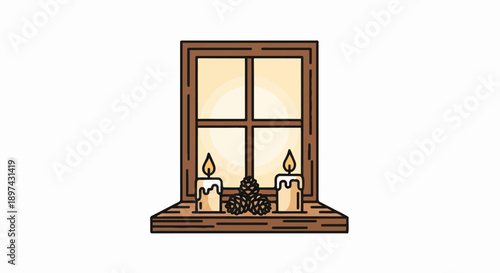 Cozy window scene with two lit candles and pinecones on a wooden sill