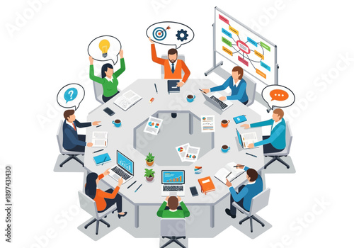 Teamwork and collaboration in a business meeting, brainstorming ideas around a table with technology and strategy diagrams