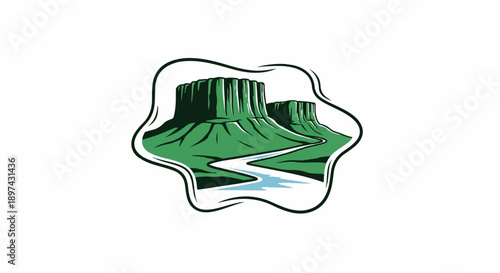 Stylized illustration of two green mesas with a winding blue river flowing between them