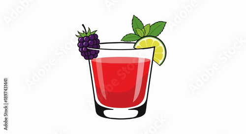 A red drink in a glass with blackberry, lime, and mint garnish