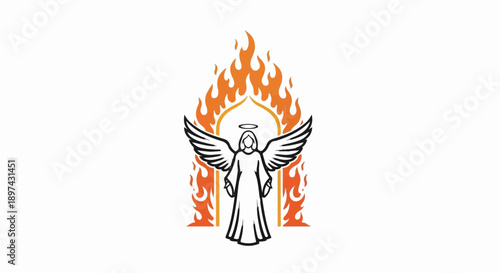Stylized angel with outstretched wings and halo before a flaming archway