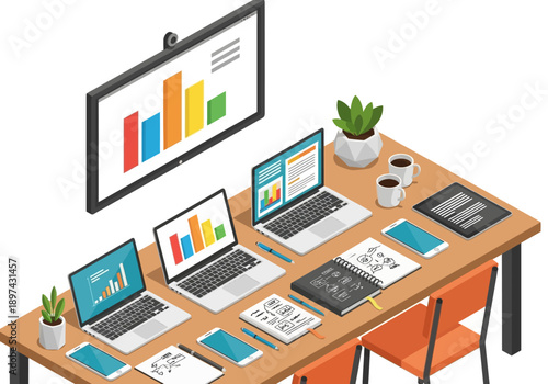 Modern office workspace with laptops, tablets, and charts on a table with chairs and a plant
