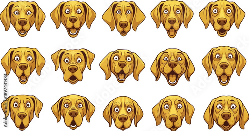 A grid of fifteen cartoon dog faces, displaying various surprised and shocked expressions