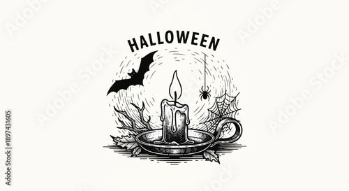 Vintage Halloween illustration with candle, bat, spider, webs, and leaves