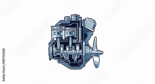 Detailed cross-section of a marine motor with propeller