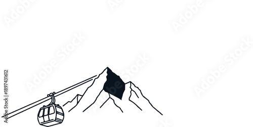 A black and white line drawing of a cable car ascending a snow-capped mountain