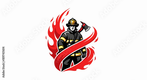 Illustration of a firefighter in protective gear holding an axe, surrounded by flames