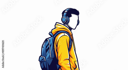 Stylized person with headphones and backpack in yellow jacket