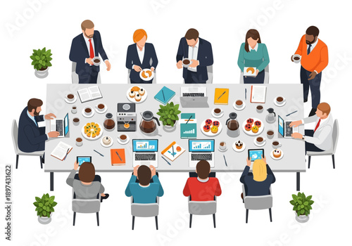 Business meeting around a table with food and laptops for a productive discussion