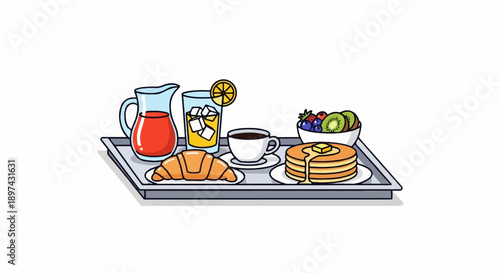A delightful tray holds a breakfast feast of pancakes, a croissant, coffee, juice, and fresh fruit