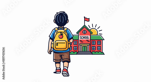 A child with a backpack walks towards a school building under a sunny sky