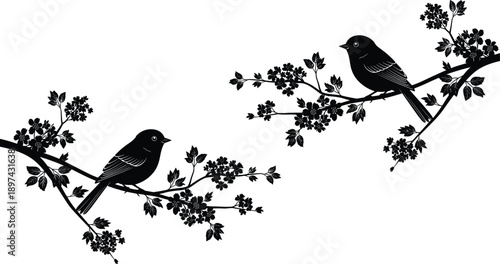 Detailed Black Silhouette Vector Illustration Featuring Two Songbirds Perched on Flowering Tree Branches With Delicate Spring Blossoms And Leaves For Nature Designs,
