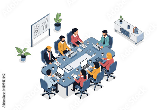 Business Meeting Around a Conference Table with Laptops and Whiteboard