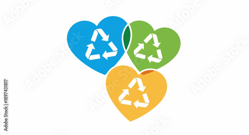 Three hearts in blue, green, and orange with recycling symbols overlap to show eco-love