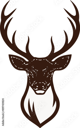 A stylized brown outline depicts a majestic deer head with impressive antlers against a white background