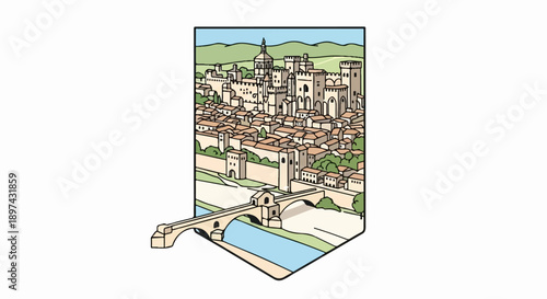 Stylized illustration of a historic European town with fortified walls, terracotta rooftops, a bridge, and a river