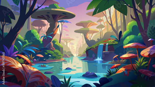 Very beautiful colorful magical jungle filled with alien-like flora and a flowing river, creating an immersive fantasy environment rich with energy, calm water, and imaginative botanical forms.