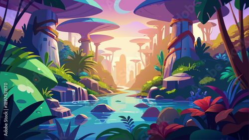 Very beautiful colorful magical jungle filled with alien-like flora and a flowing river, creating an immersive fantasy environment rich with energy, calm water, and imaginative botanical forms.