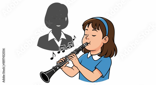 Young girl plays clarinet, with a shadowy figure and music notes