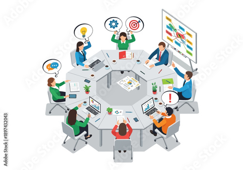 Diverse team collaborating in a modern office around a conference table, brainstorming ideas and achieving goals