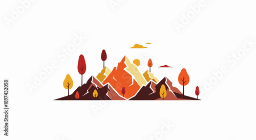 Stylized autumnal mountain landscape with sun and clouds