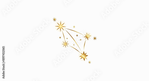 A golden constellation of stars with radiating light against a white background