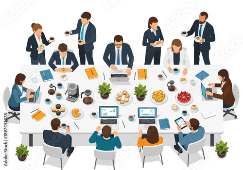 Business meeting with people around a table having food and drinks, using laptops and tablets