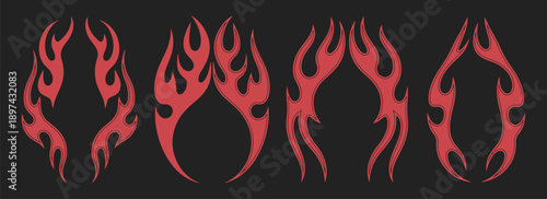 Gothic frame, tribal fire and swirl border, Y2K fantasy oval, dark vintage ornate red element, mystic vector illustration.