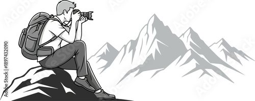 Hiker with backpack and camera captures mountain scenery