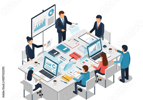 Teamwork in business meeting with charts and laptops on table, discussing strategy