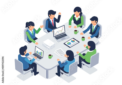 Business meeting in progress, diverse team collaborating around a table with laptops and charts