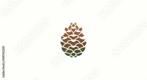 A stylized pinecone graphic with segmented scales in brown and green hues on a plain white background