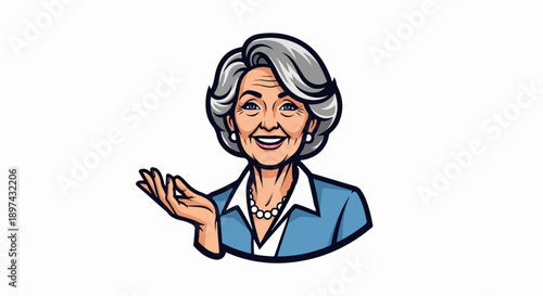 Friendly older woman in a blue jacket and pearl necklace, with grey hair styled up, gestures with her left hand