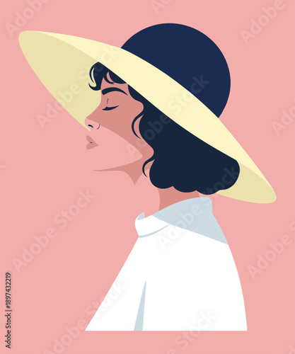 Elegant woman wearing stylish wide brim hat and white shirt